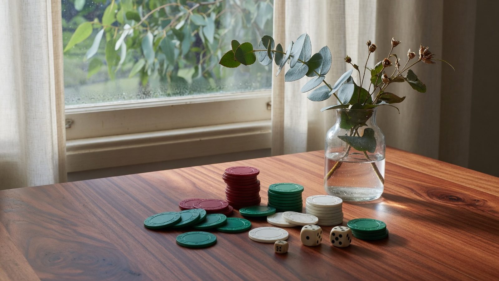 Casino chips and dice on a jarrah wood table in morning light